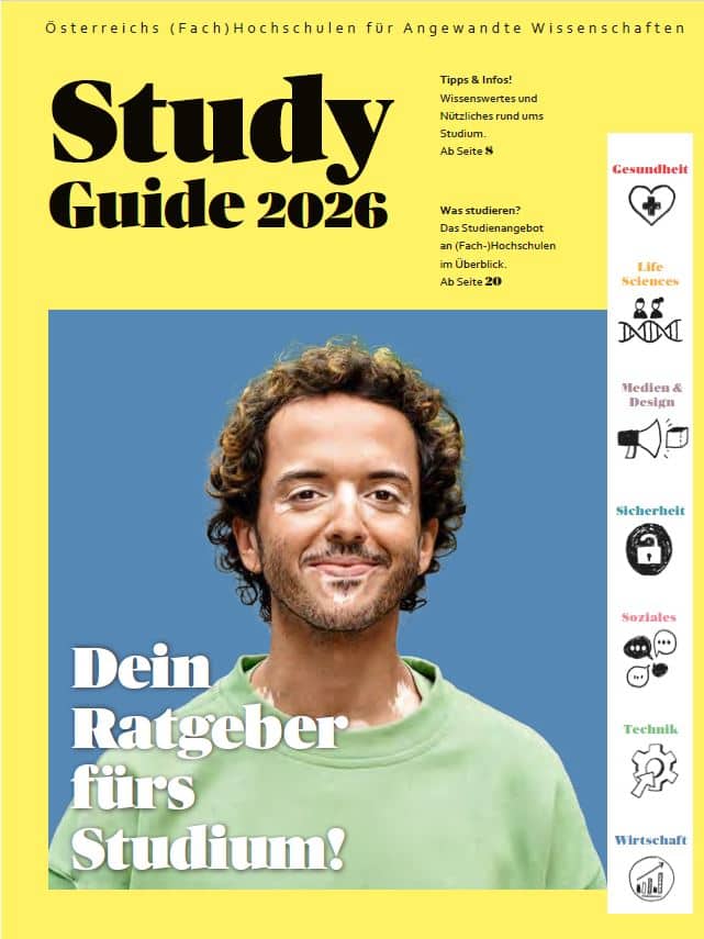 Ein lächelnder junger Mann in einem weißen Hemd ist auf dem Cover eines Studienführers 2026 für österreichische Fachhochschulen abgebildet, mit Sektionssymbolen und deutschem Text zur Studienberatung.