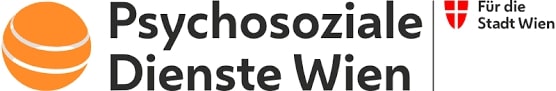 Logo der Psychosozialen Dienste Wien mit orangefarbenem Kugeldesign und dem Wiener Stadtwappen in der oberen rechten Ecke.