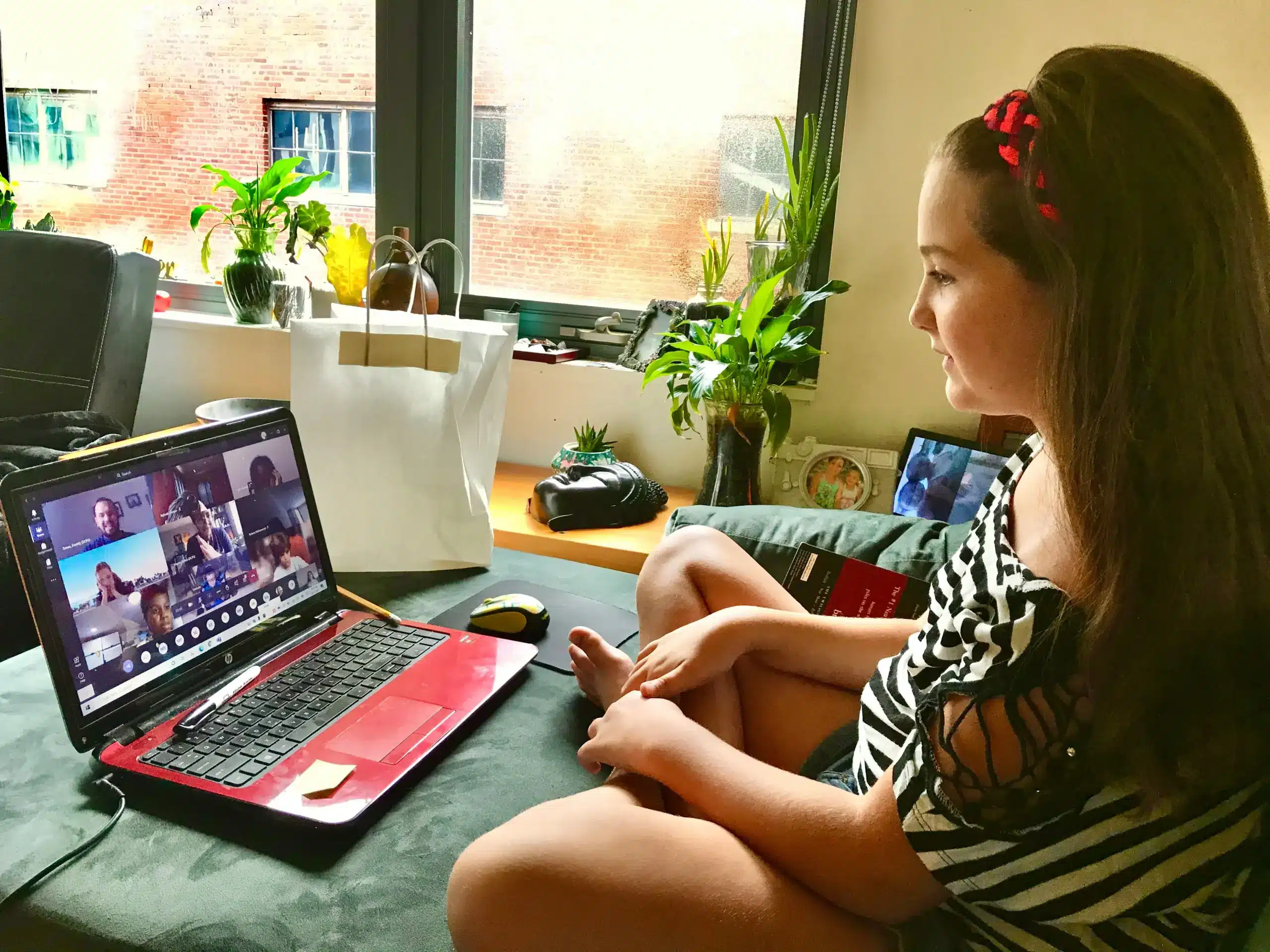 Eine junge Gen Z Frau sitzt auf einer Couch und benutzt einen Laptop für ein Videotelefonat, wobei mehrere Personen auf dem Bildschirm zu sehen sind. Pflanzen und eine Tasche stehen auf der Fensterbank hinter ihr.