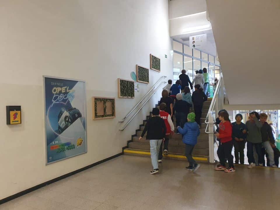 Eine Gruppe von Kindern geht eine Treppe in einem Gebäude mit Plakaten und Pflanzen an der Wand und einem verglasten Bereich am oberen Ende der Treppe hinauf.