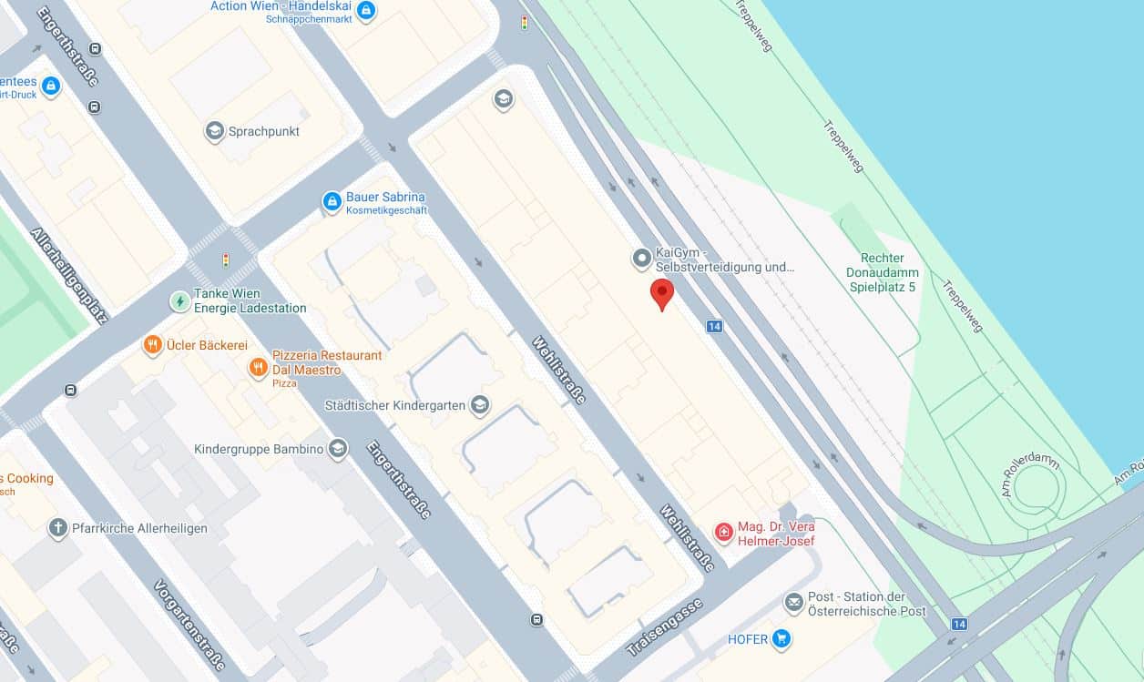 Karte der Vivenotgasse und der umliegenden Straßen, Geschäfte und öffentlichen Plätze, darunter eine Apotheke, eine Bäckerei, ein Restaurant, ein Spielplatz und eine Haltestelle des öffentlichen Nahverkehrs in Wien, Österreich.