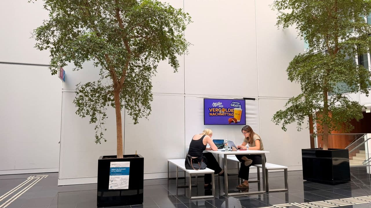 Zwei Personen sitzen an einem weißen Tisch mit Laptops unter hohen Zimmerbäumen in einem modernen Gebäude; an der Wand hinter ihnen sind ein Schild und ein Plakat zu sehen.
